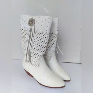 Bohemian White Leather Mid-Calf Boots‎ with Perforated Design Decorative Tassels